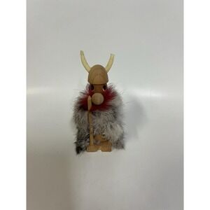 Vintage Denmark Danish Wooden Viking Furry Battle Figure Spear Shield(brkn Horn)